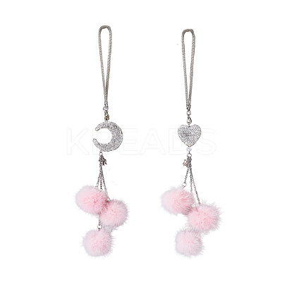2Pcs 2 Style Rhinestones Heart and Fuzzy Plush Ball Car Hanging Pendant HJEW-DC0001-07-1