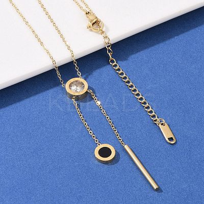304 Stainless Steel Crystal Rhinestone Flat Round Pendant Y Necklaces NJEW-V001-03G-1