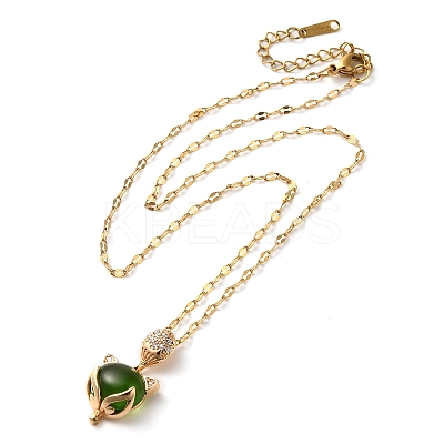 Brass Pave Clear Cubic Zirconia & Green Glass Fox Pendant Necklaces NJEW-M080-02G-1