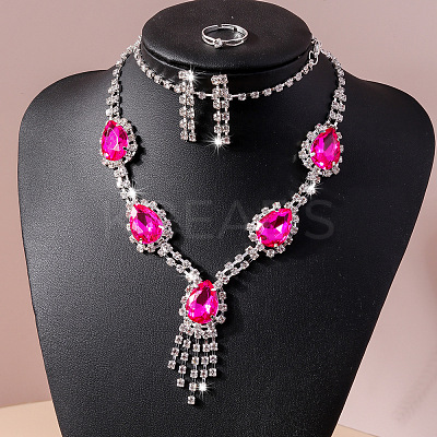 Teardrop Alloy Rhinestone Bracelets & Earrings & Necklaces & Rings Sets for Women FS-WG7FCB3-03-1