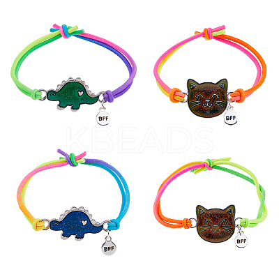 4Pcs 4 Style Cat & Dinosaur Alloy Link Bracelets Set with Rubber BJEW-FI0001-55-1