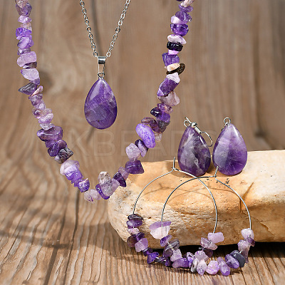 Bohemian Style Natural Amethyst Teardrop Pendant Necklaces & Chip Beaded Necklaces & Hoop Earrings & Dangle Earrings Sets WG11994-01-1