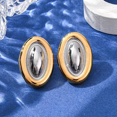 304 Stainless Steel Two Tone Oval Stud Earrings for Women EJEW-A136-01A-GP-1