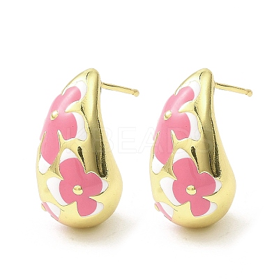 Teardrop with Flower Real 18K Gold Plated Brass Enamel Stud Earrings EJEW-L270-013G-04-1