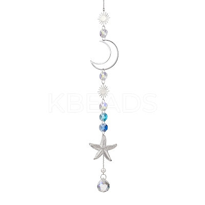 Stainless Steel Starfish & Brass Moon Hanging Suncatchers HJEW-JM04623-1