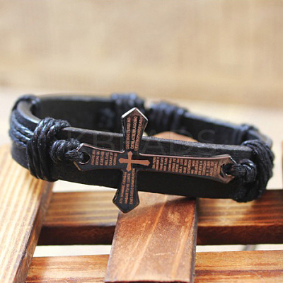 Adjustable Cross with Word Iron Braided Leather Cord Bracelets BJEW-P0001-02B-1