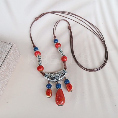 Bohemian Bohemian Alloy with Porcelain Teardrop Bead Tassel Pendant Adjustable Necklaces FS-WG3E161-01-1