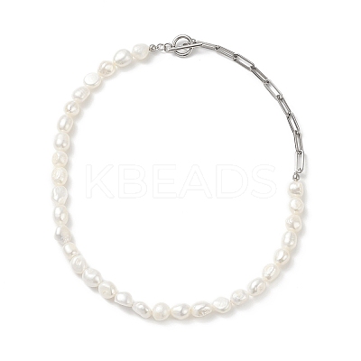 Natural Baroque Pearl Beaded Necklace with 304 Stainless Steel Paperclip Chains for Women NJEW-JN04108-1