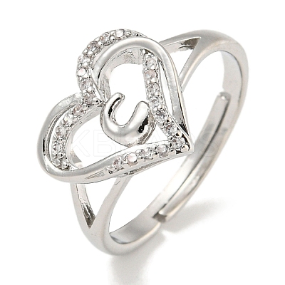 Heart with Letter Rack Plating Brass Micro Pave Clear Cubic Zirconia Adjustable Rings for Women RJEW-I105-01P-C-1