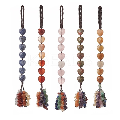 Heart Natural Gemstones & Mixed Stone Chips Tassel Pendant Decorations HJEW-JM00948-1