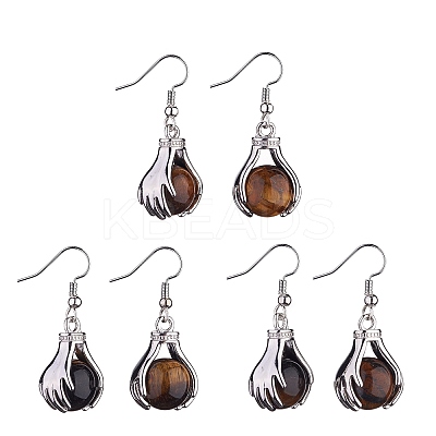 Natural Tiger Eye Palm Dangle Earrings EJEW-A092-09P-17-1