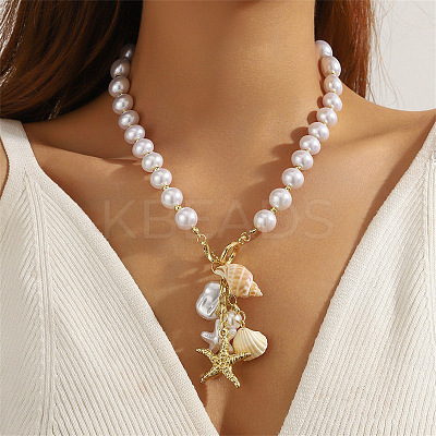 Alloy & Plastic Pearl & Natural Shell Pendant Necklaces FS-WG9F39A-09-1
