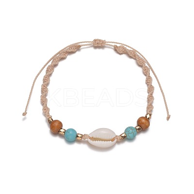 Adjustable Natural Cowrie Shell & Round Wood & Synthetic Turquoise Beaded Cotton Cord Braided Anklets for Women FS-WG3A61A-01-1