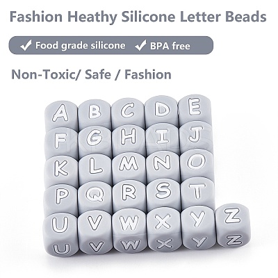 20Pcs Grey Cube Letter Silicone Beads 12x12x12mm Square Dice Alphabet Beads with 2mm Hole Spacer Loose Letter Beads for Bracelet Necklace Jewelry Making JX436S-1