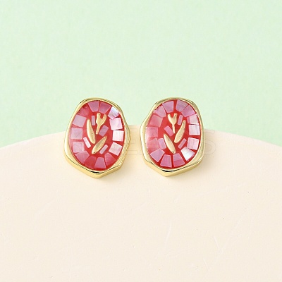 Brass Enamel Oval Stud Earrings EJEW-I322-04G-1