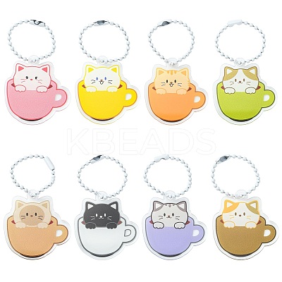 8 Sets 8 Colors Cute Coffee Cup Cat Acrylic Pendant Keychain HJEW-CJ0001-03-1