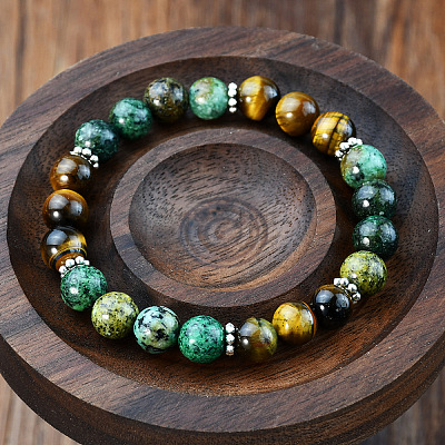 Glass & African Turquoise(Jasper) & Tiger Eye Round Beaded Stretch Bracelets FS-WGB975F-01-1