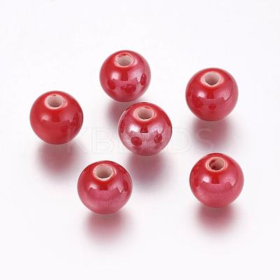 Pearlized Red Handmade Porcelain Round Beads X-PORC-D001-10mm-15-1