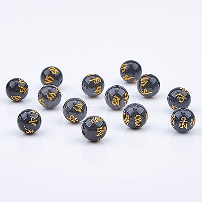Natural Obsidian Round Carved Om Mani Padme Hum Beads Strands G-OC0001-35-1
