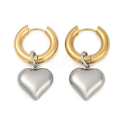 304 Stainless Steel Two Tone Heart Hoop Earrings EJEW-Z097-02GP-01-1
