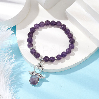 Natural & Synthetic Mixed Gemstone Stretch Bracelets with Angel Charms BJEW-JB11046-1
