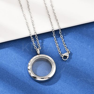 304 Stainless Steel Visible Flat Round Locket Pendant Pet Urn Ashes Necklaces LS-NJEW-S455-08P-1