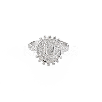 Non-Tarnish 304 Stainless Steel Flat Round with Initial Letter Open Cuff Ring for Men Women RJEW-S405-246P-U-1