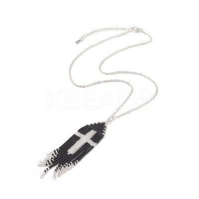 Glass Seed Beaded Cross Tassel Pendant Necklaces NJEW-MZ00011-02-1