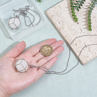 2Pcs Brass Macrame Pouch Natural Quartz Crystal Round Inside Pendant Necklaces NJEW-PH01599-1