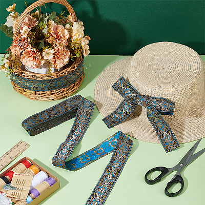 Ethnic Style Flower Pattern Polyester Ribbon OCOR-WH0078-392-1