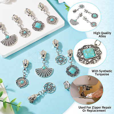 16Pcs 4 Styles Alloy with Synthetic Turquoise Zipper Pulls HJEW-TAC0098-1