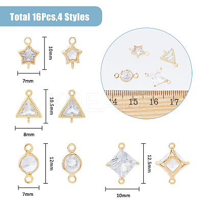 16Pcs 4 Styles Brass Pave Clear Cubic Zirconia Connector Charms KK-FH0007-30-1