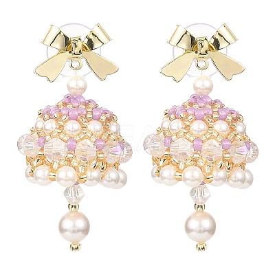 Naturla Shell Pearl Bell with Alloy Bowknot Dangle Stud Earrings EJEW-MZ00089-1