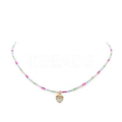 Alloy Cubic Zirconia Heart Pendant Necklace with Glass Seed Beaded Chains for Women NJEW-JN04291-1