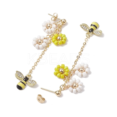 Spring Flower & Bees Alloy Enamel Dangle Stud Earrings EJEW-TA00498-1