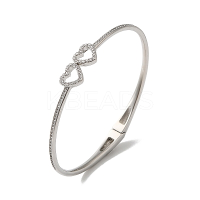 Rack Plating Brass Micro Pave Clear Cubic Zirconia Hollow Double Heart Hinged Bangles BJEW-H616-02P-1
