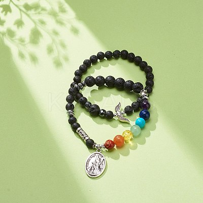 2Pcs 2 Style Style Natural Lava Rock & Mixed Stone & Synthetic Hematite Stretch Bracelets Set BJEW-JB08733-1