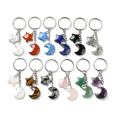 Reiki Natural & Synthetic Mixed Gemstone Moon & Star Pendant Keychains KEYC-P015-02P-1