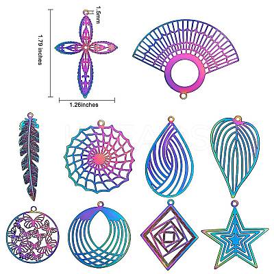 20Pcs 10 Style PVD Vacuum Plating 201 Stainless Steel Filigree Pendants STAS-SZ0001-79-1