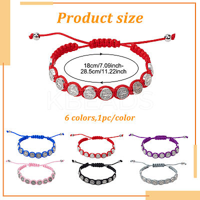6Pcs 6 Colors Saint Benedict Medal Alloy Braided Bead Bracelets Set BJEW-AN0001-70-1