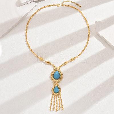 Fashionable Vintage Brass & Resin Imitation Gemstone Tassel Teardrop Pendant Necklaces for Women FQ7725-3-1