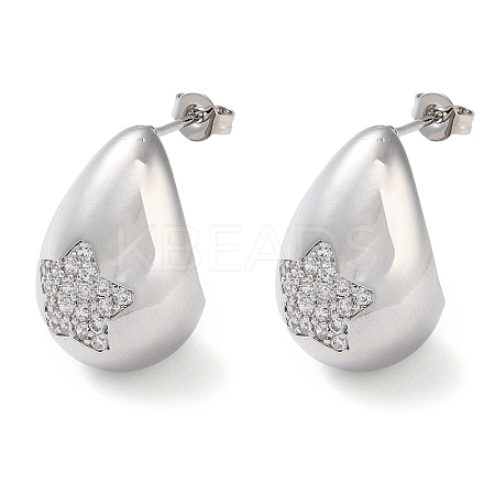 Teardrop with Star Brass Micro Pave Clear Cubic Zirconia Stud Earrings EJEW-A034-03P-1