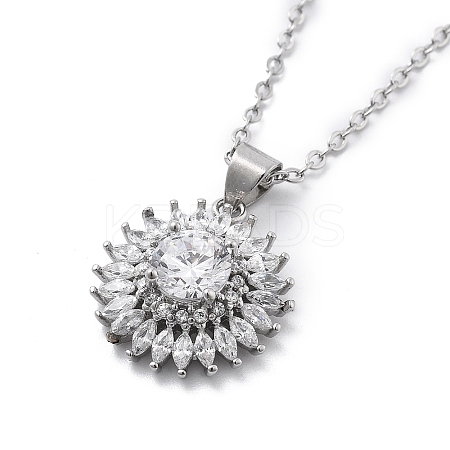 Brass Clear Cubic Zirconia Flower Pendant Necklaces LS-NJEW-C077-01P-1