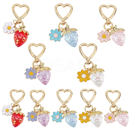 10Pcs 5 Colors Acrylic Strawberry & Alloy Enamel Flower Pendant Decorations HJEW-WR00003-1