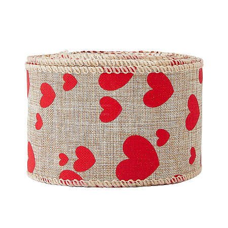 10 Yards Burlap Heart Printed Wired Ribbon OCOR-WH0082-262-1