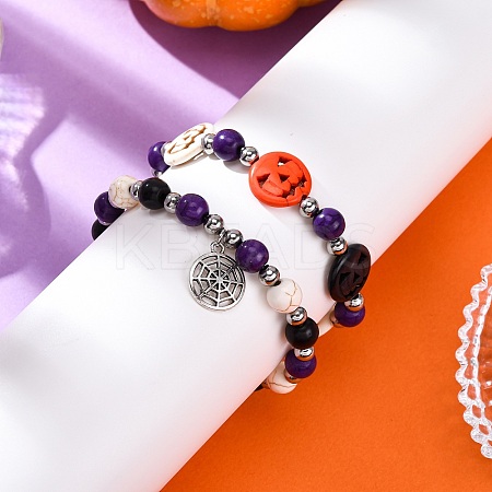 2Pcs Glass & Synthetic Turquoise Beads Stretch Bracelets BJEW-JB12483-01-1