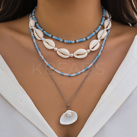 Natural Shell & Plastic Pearl & Glass Seed Beaded Pendant Multi Layered Necklaces for Women FS-WG726DA-11-1