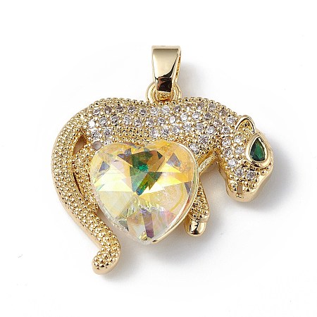 Real 18K Gold Plated Rack Plating Brass Micro Pave Clear Cubic Zirconia Pendants KK-C015-13G-13-1