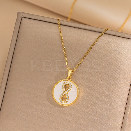 Flat Round with Number 8 Shell & Cubic Zirconia Pendant Necklaces LS-NJEW-D288-04G-1