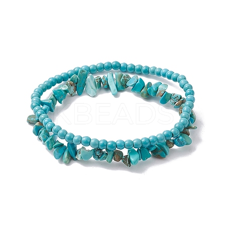 Chip & Round Synthetic Turquoise Beaded Stretch Bracelets for Women BJEW-JB10189-06-1